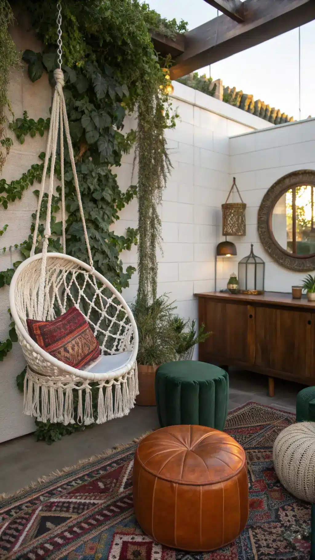 Cozy 12x14ft patio nook in the late afternoon with a suspended macramé chair, vintage console-turned-bar, living wall of vines and ferns, Moroccan leather poufs and cushions in cognac and emerald, and brass mirrors reflecting natural light.