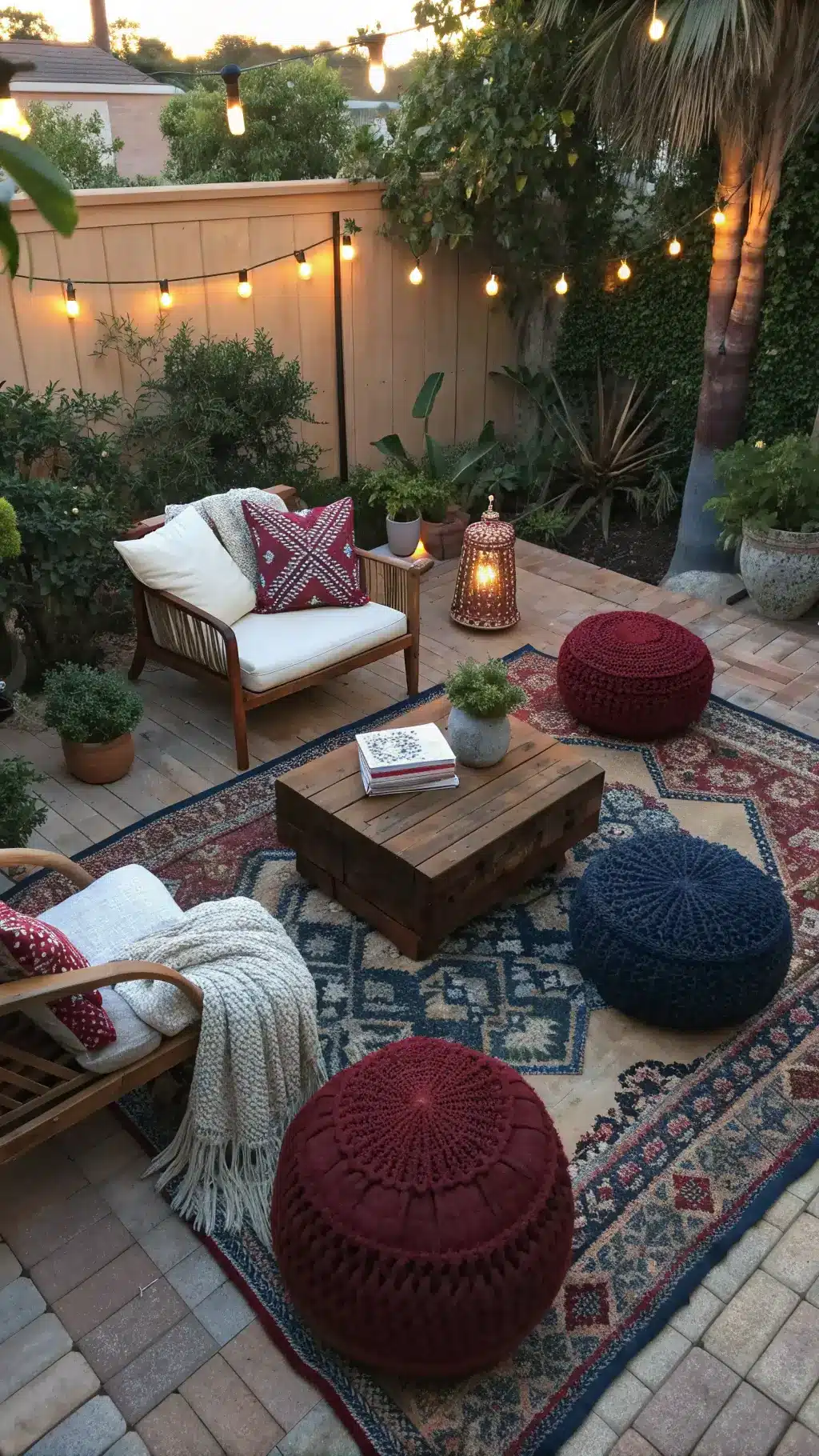 Overhead view of a cozy 15x15ft patio nook at dusk with burgundy and navy poufs, a reclaimed wood coffee table, layered Turkish rugs, a hanging chair with sherpa throw, vintage copper lanterns, fairy lights, jungle-like potted plants, and cacti in clay pots.