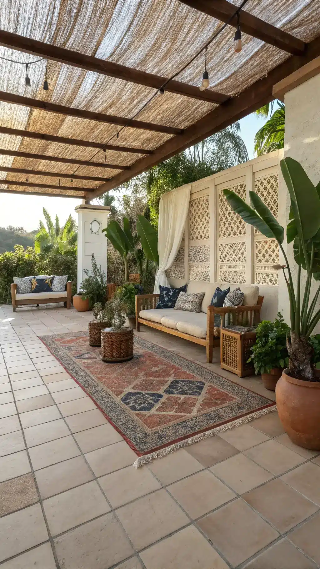 Covered patio with sandstone tiles, wool rugs, bamboo sofa with block print cushions, oversized clay planters with banana leaves, macramé room divider and brass accent tables with global decorations in morning light.