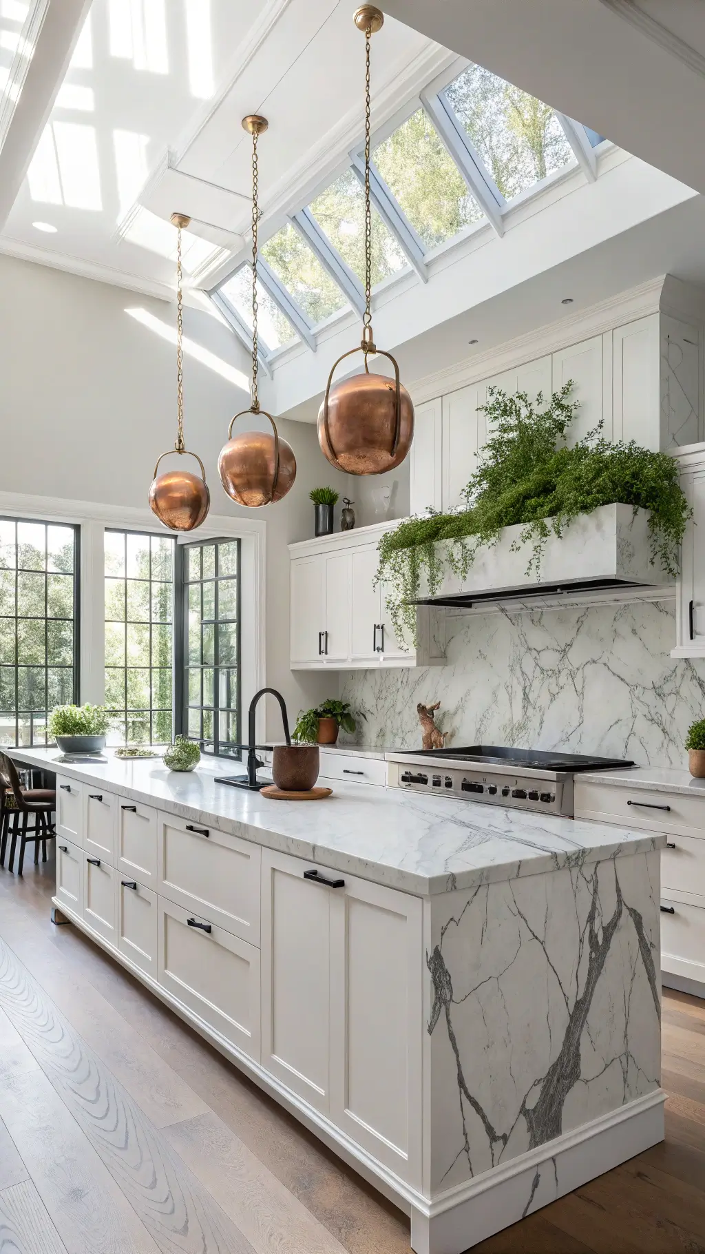 Spacious, sunlit modern kitchen with Calacatta marble backsplash, white shaker cabinets, matte black fixtures, and a large island with waterfall edges, enhanced by high-key lighting.