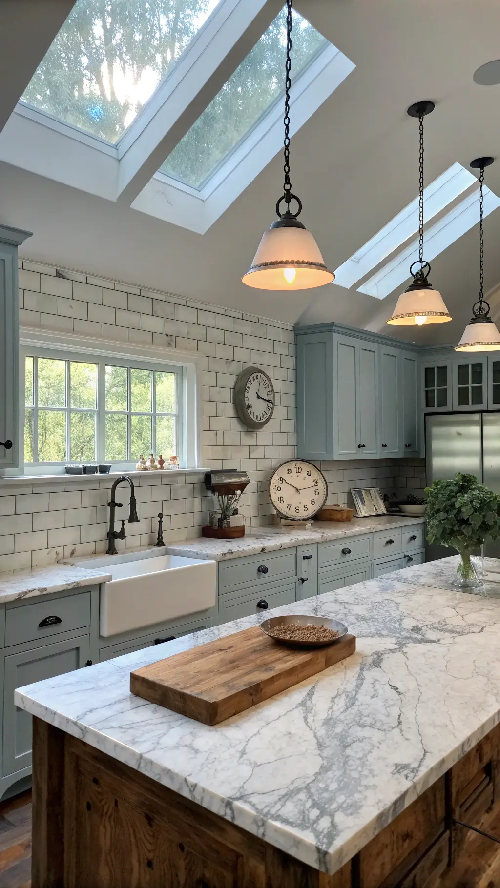 Vintage farmhouse-modern kitchen with Arabescato marble backsplash and reclaimed wood island, lit by golden light filtering through skylights.