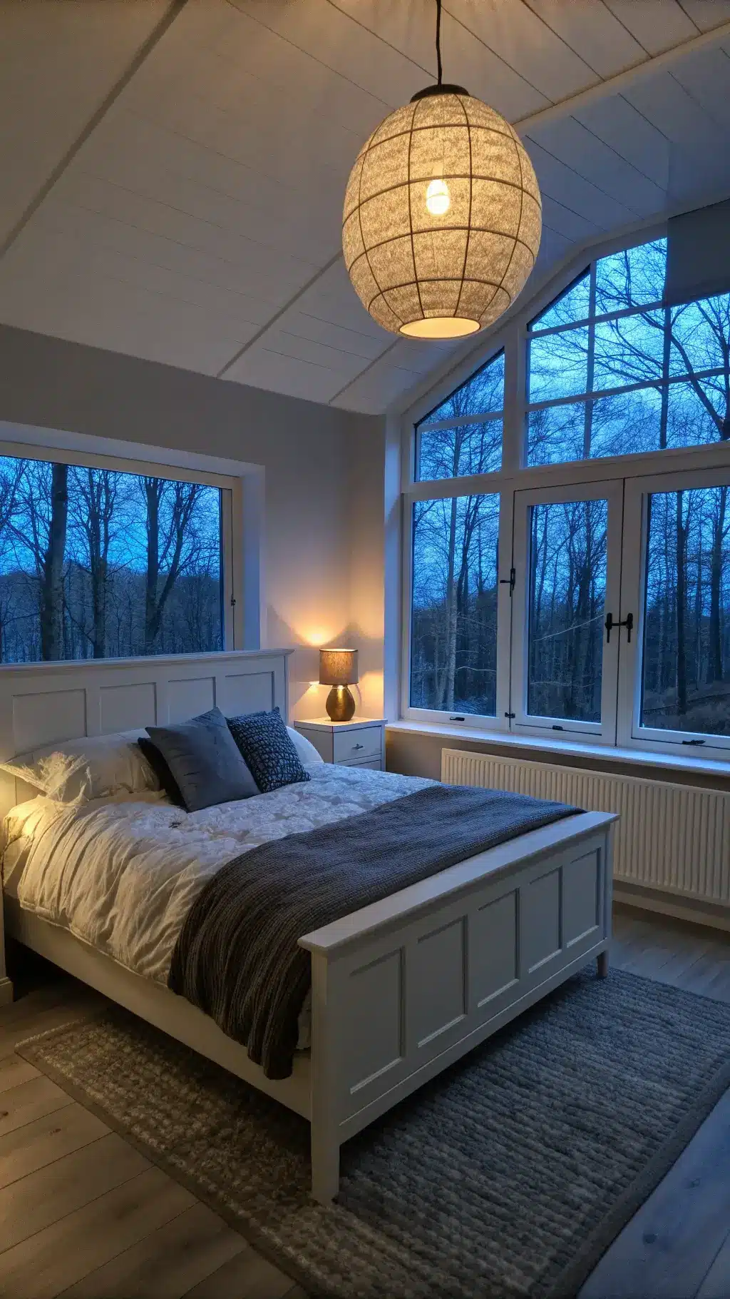 Scandinavian style bedroom at dusk with blue hour light, white oak bed layered in gray, and an oversized paper pendant lamp creating a soft glow.