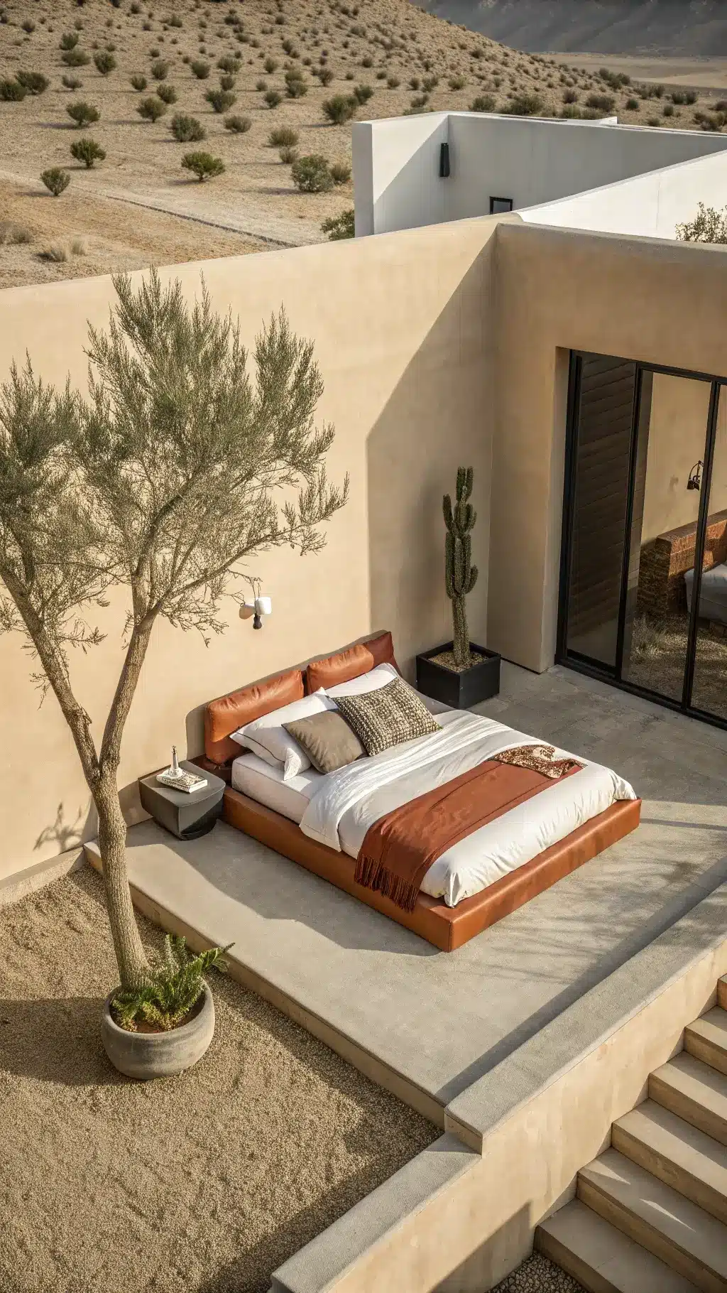 Bird's eye view of spacious, sunlit 15x17ft desert modern bedroom featuring sand-colored walls, a cognac leather platform bed with white and terracotta bedding, and a single olive tree in a black matte planter.