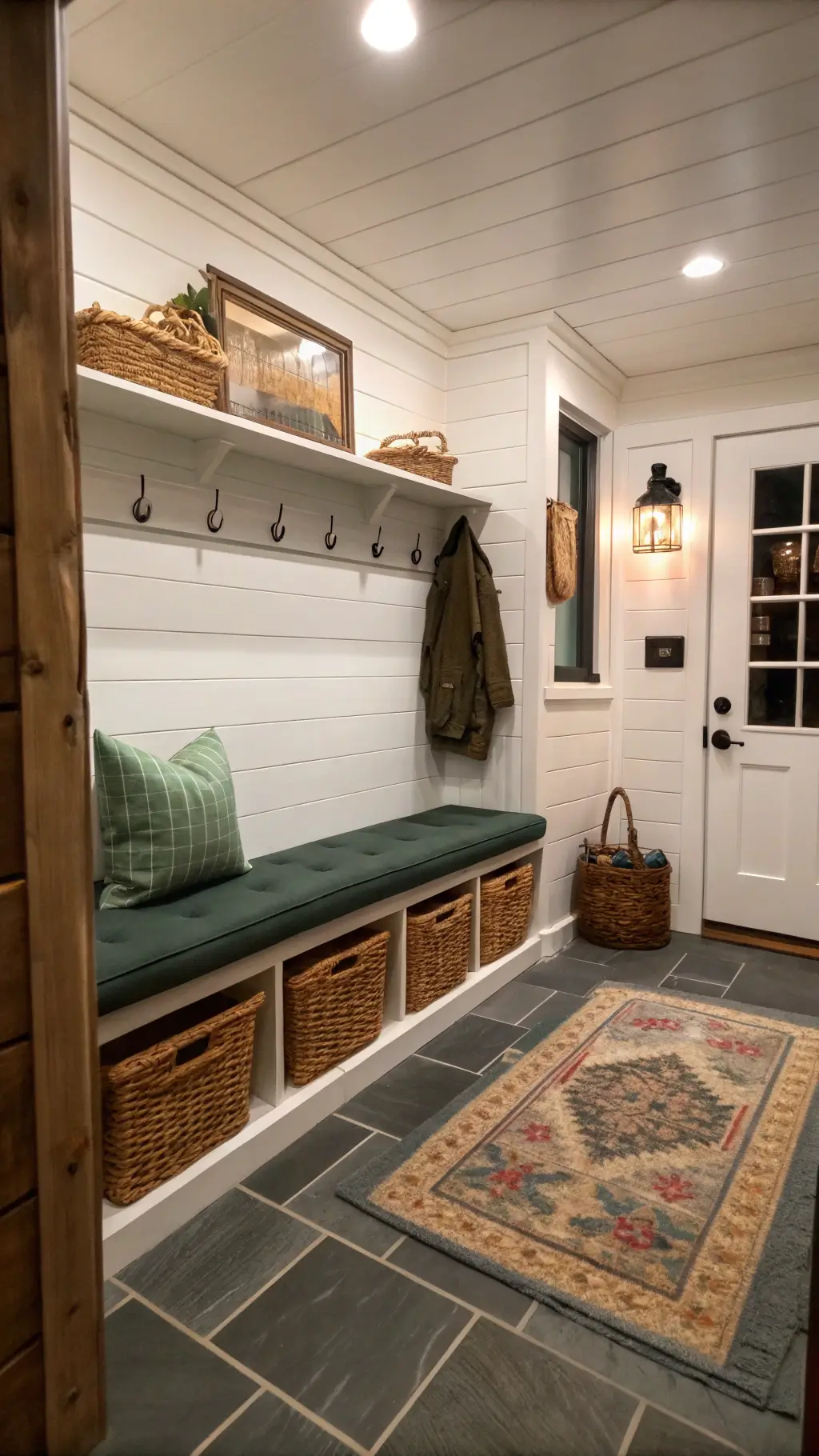 Low-angle view of a 5x8ft entryway mudroom in a cabin, featuring a built-in bench with a forest green wool cushion, brass hooks, a vintage kilim runner, woven storage baskets, slate flooring, and warm white shiplap walls. Industrial sconce lights cast a dusk glow, highlighting adventure gear decor and vertical storage solutions.