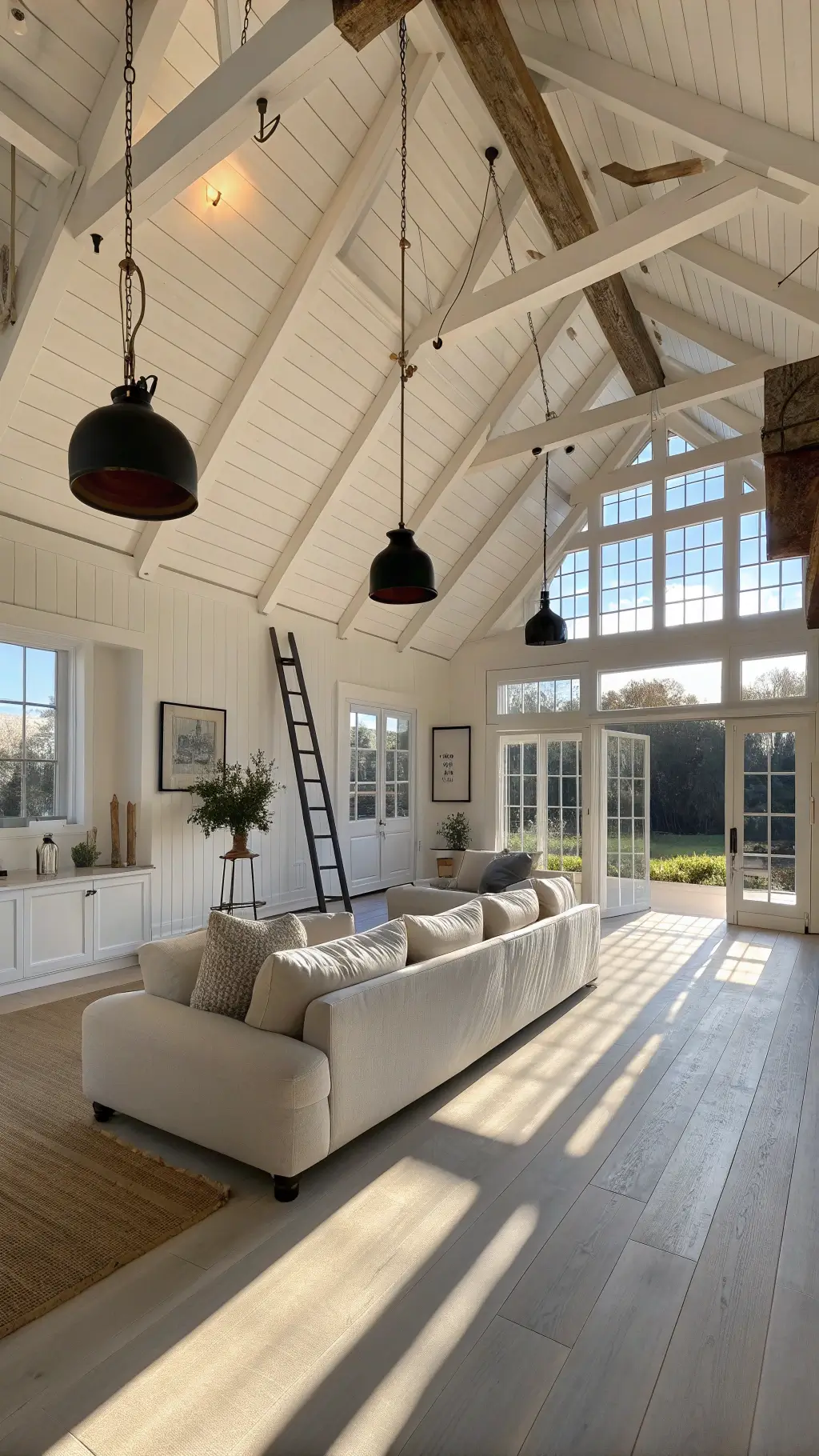 Sunlit modern farmhouse living room featuring white oak flooring, white sectional with oatmeal and grey throws, exposed white wooden beams, black pendant lights, and a vintage ladder display with ceramic vases and trailing pothos.