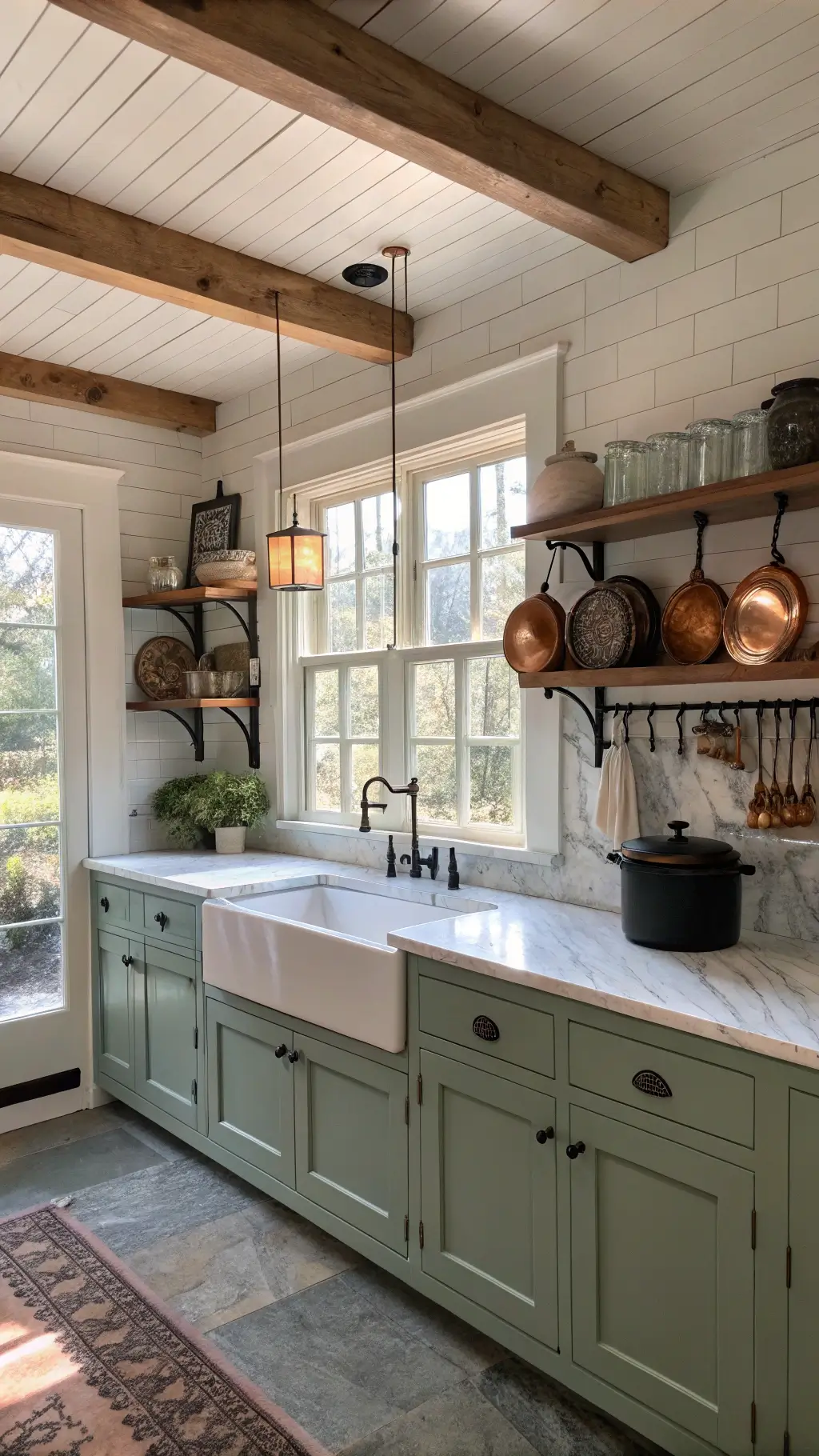 Farmhouse kitchen at dawn featuring marble-topped island, white ceramic sink, sage green cabinets, vintage copper pots, and morning coffee setup with fresh pastries.
