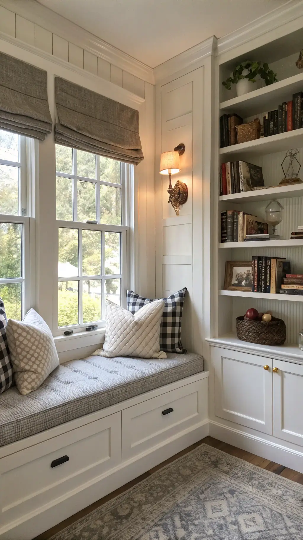 Cozy reading nook with an 8x10ft window, distressed white paneling, grey linen roman shades, and oversized buffalo check cushions in a moody afternoon light.