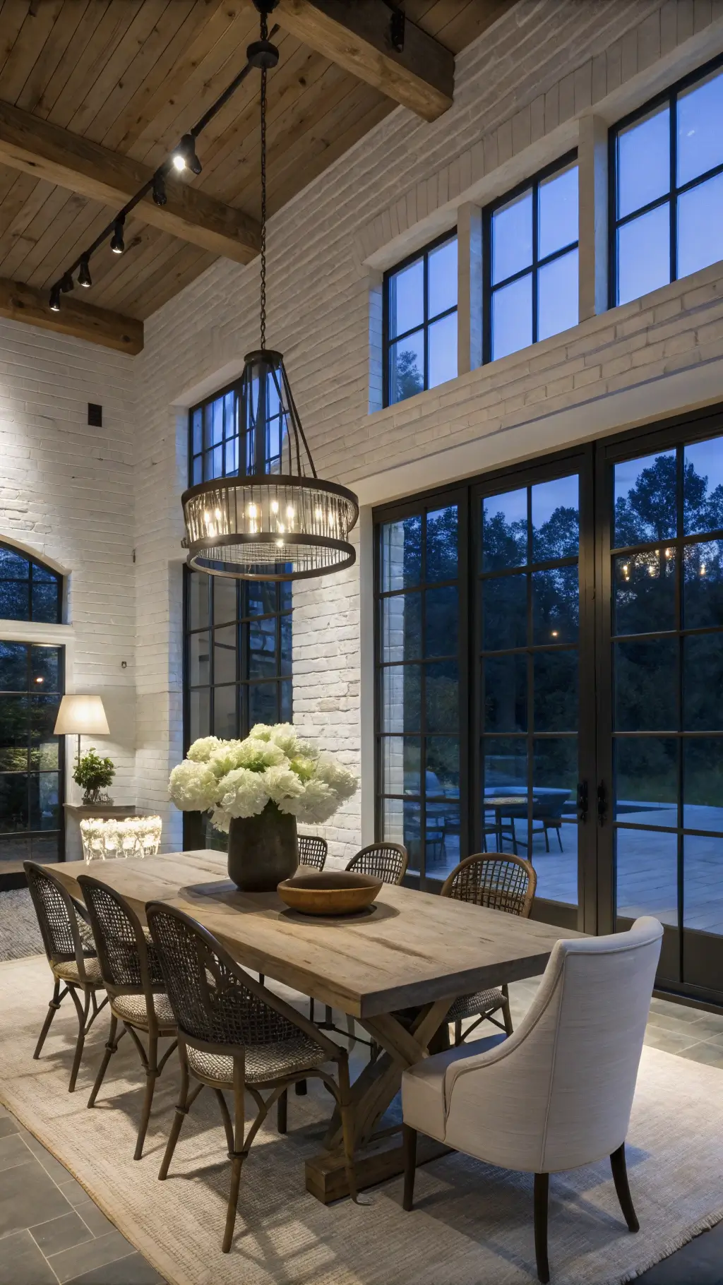 Modern farmhouse dining room with black steel-framed windows, whitewashed brick wall, reclaimed barnwood table with windsor chairs, black chandelier, and vintage dough bowl centerpiece under moody evening light.