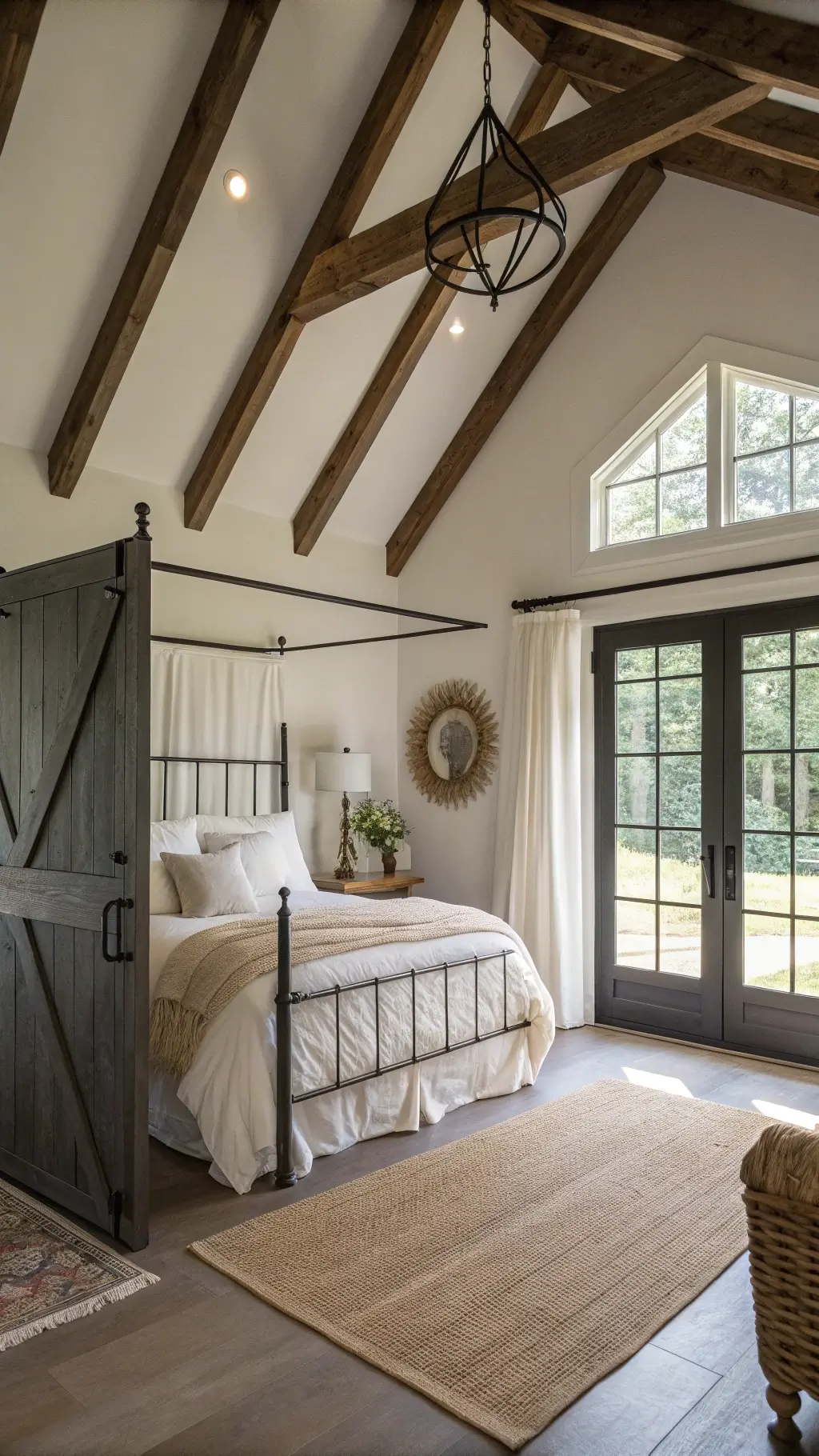 Cathedral ceiling room featuring a iron canopy bed with white linen bedding, a grey barn door leading to an ensuite, and a large black metal mirror, in a warm, naturally lit 16x20ft farmhouse primary suite.