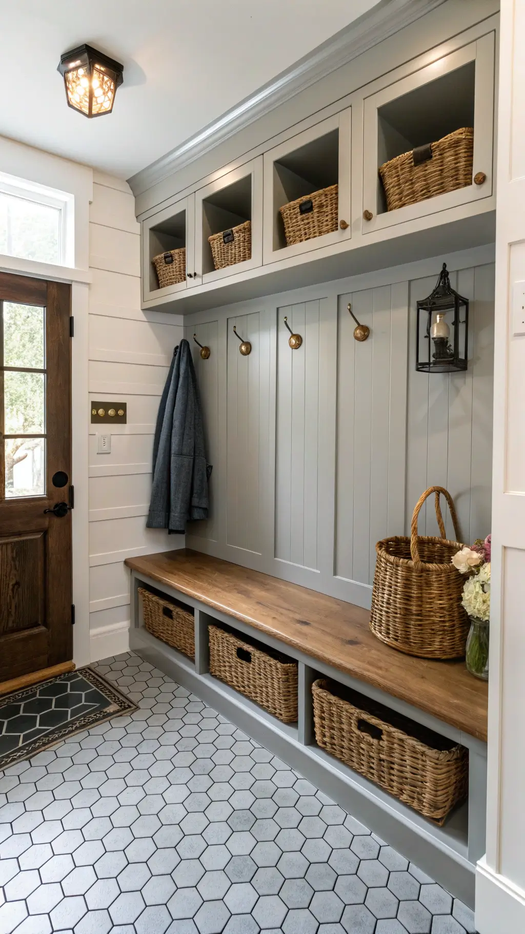 Modern mudroom entry featuring soft dove grey walls, built-in storage bench with brass hooks, vintage olive basket, black hexagon floor tiles, woven basket shelving and warm industrial sconce lighting.