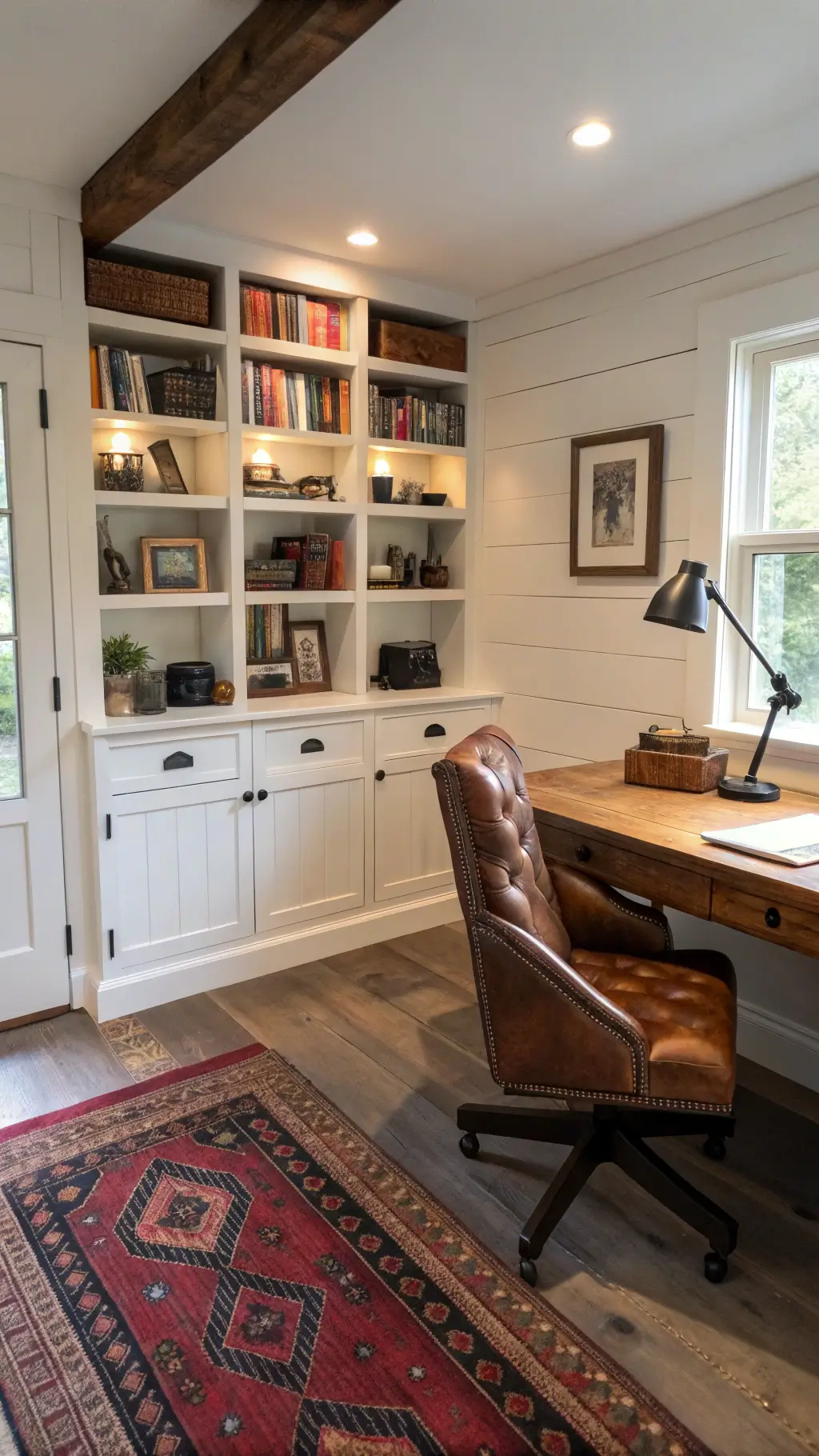 Spacious modern farmhouse office with floor-to-ceiling bookshelves, a weathered oak desk with a leather chair, a vintage kilim rug, and vintage cameras on floating shelves, illuminated by mixed natural and artificial lighting