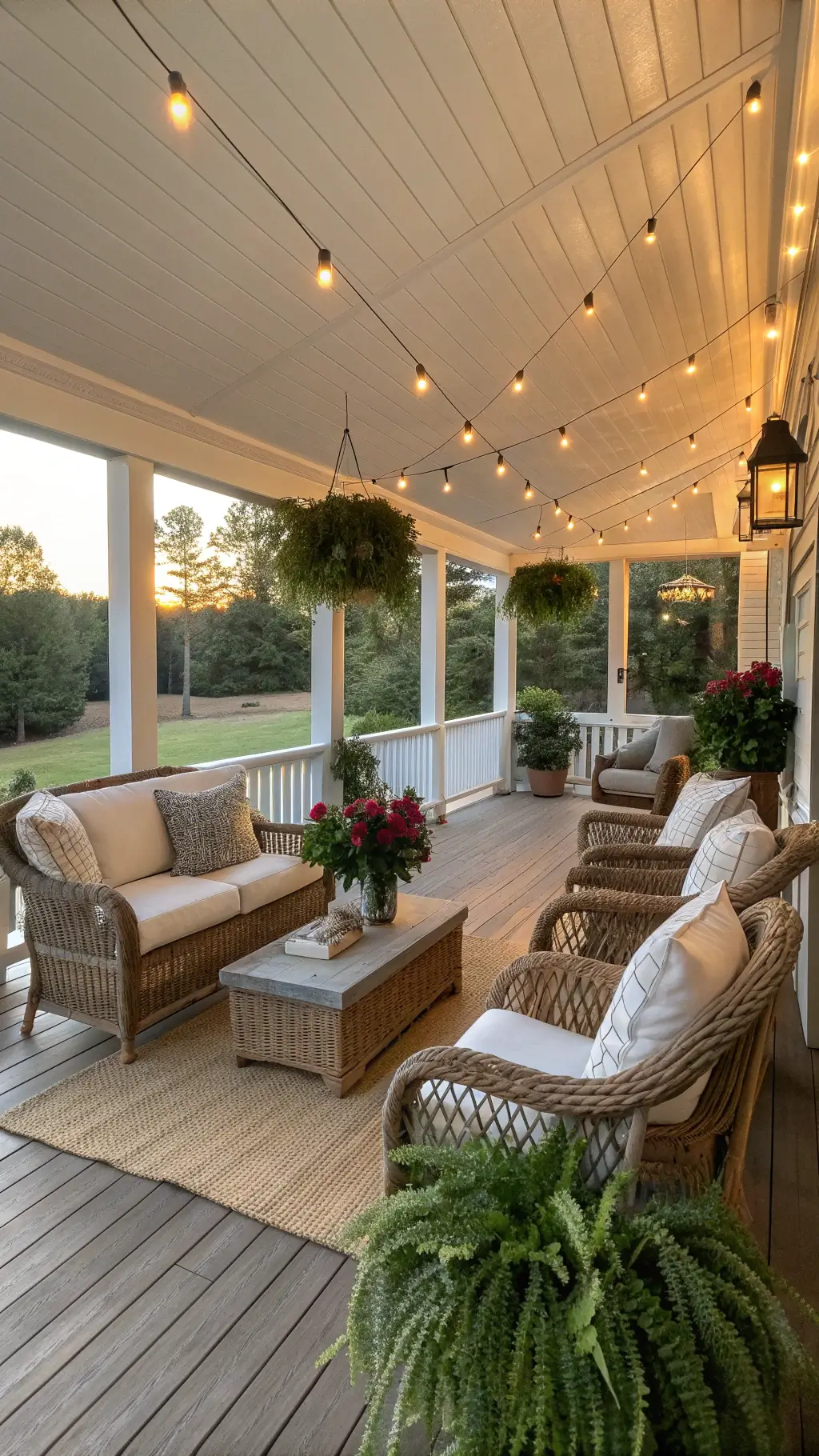 Screened porch in farmhouse featuring whitewashed cedar ceiling, oversized wicker chairs with natural linen cushions, vintage zinc coffee table, string lights, potted ferns and climbing roses in 12x20ft outdoor space with sunset lighting.