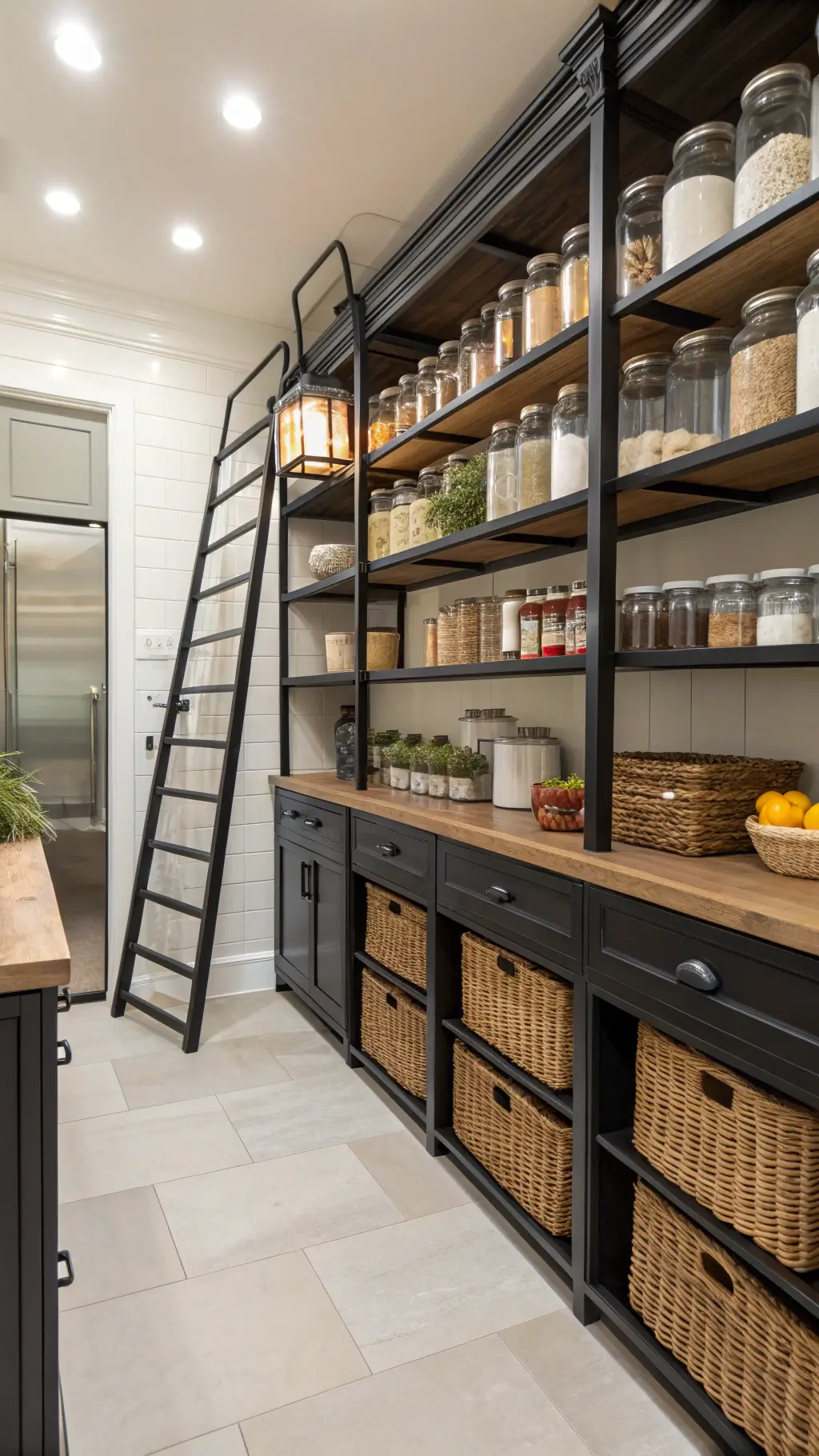 Modern farmhouse kitchen pantry with open shelving, glass canisters, woven baskets, and a sliding ladder