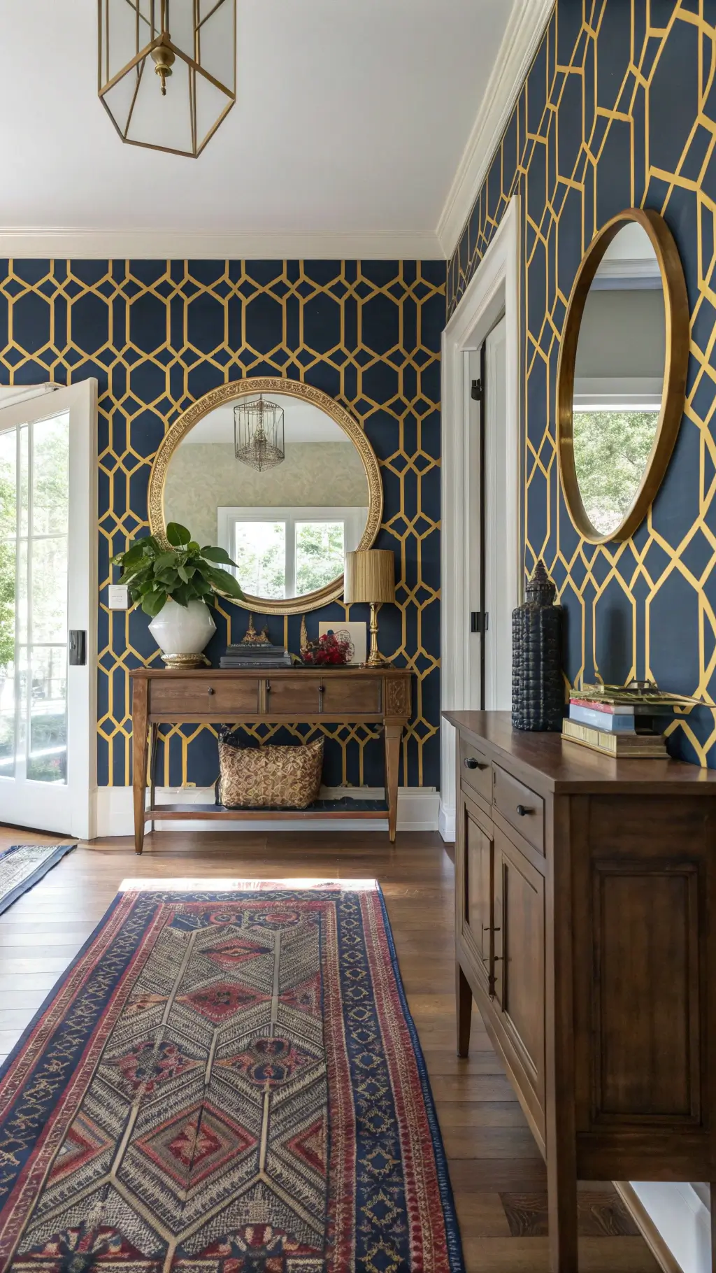 Eclectic entry hall with navy and gold geometric wallpaper, vintage console with collected objects, oversized round mirror reflecting natural light, and Moroccan runner adding pattern underfoot.