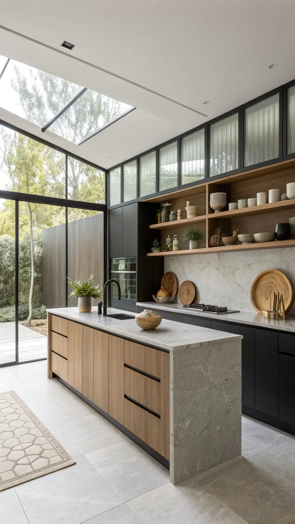 Modern kitchen with black matte cabinets, pale oak shelves, waterfall island, and handmade ceramic dishes under diffused daylight through frosted glass.