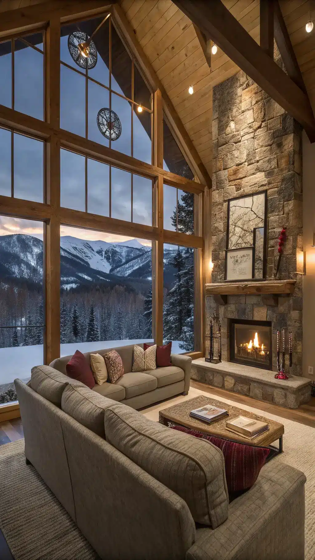 Enchanting great room at dusk featuring large A-frame windows with snow-capped views, gray tweed sectional sofa adorned with textured pillows, an oversized stone fireplace stocked with wood, vintage snowshoes and skis wall art, in a color palette of gray, cream, and burgundy.
