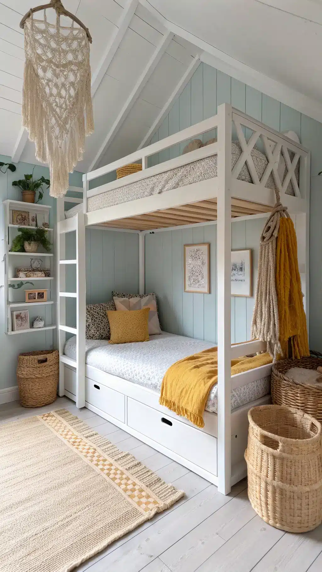 Scandinavian children's retreat with white pine loft bed against blue walls, reading nook below the bed with cushions, storage baskets and macramé wall hanging, natural textures and pastel colors with mustard yellow accents, captured in a low-angle shot.