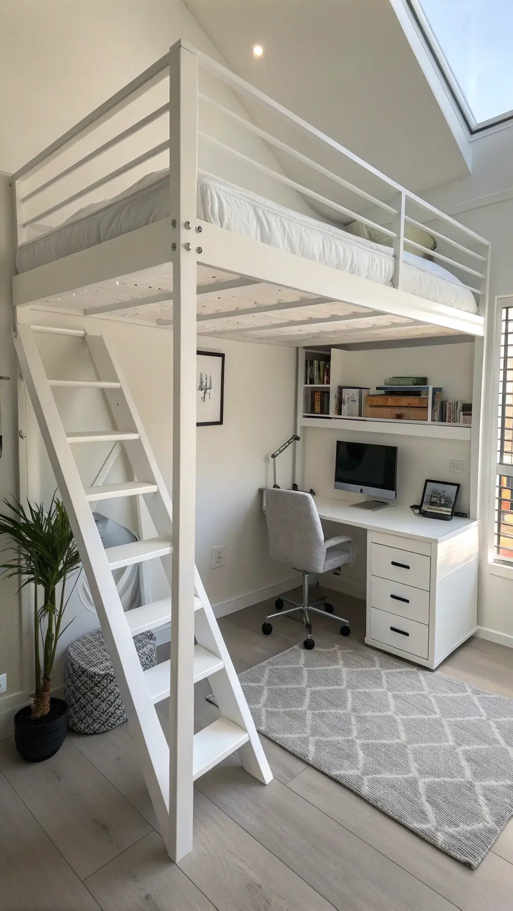 High-angle view of a modern minimalist 14x16ft suite with a floating white loft bed, glass desk home office setup, ergonomic chair, and hidden storage in a monochromatic palette, illustrating space efficiency and advanced cable management.