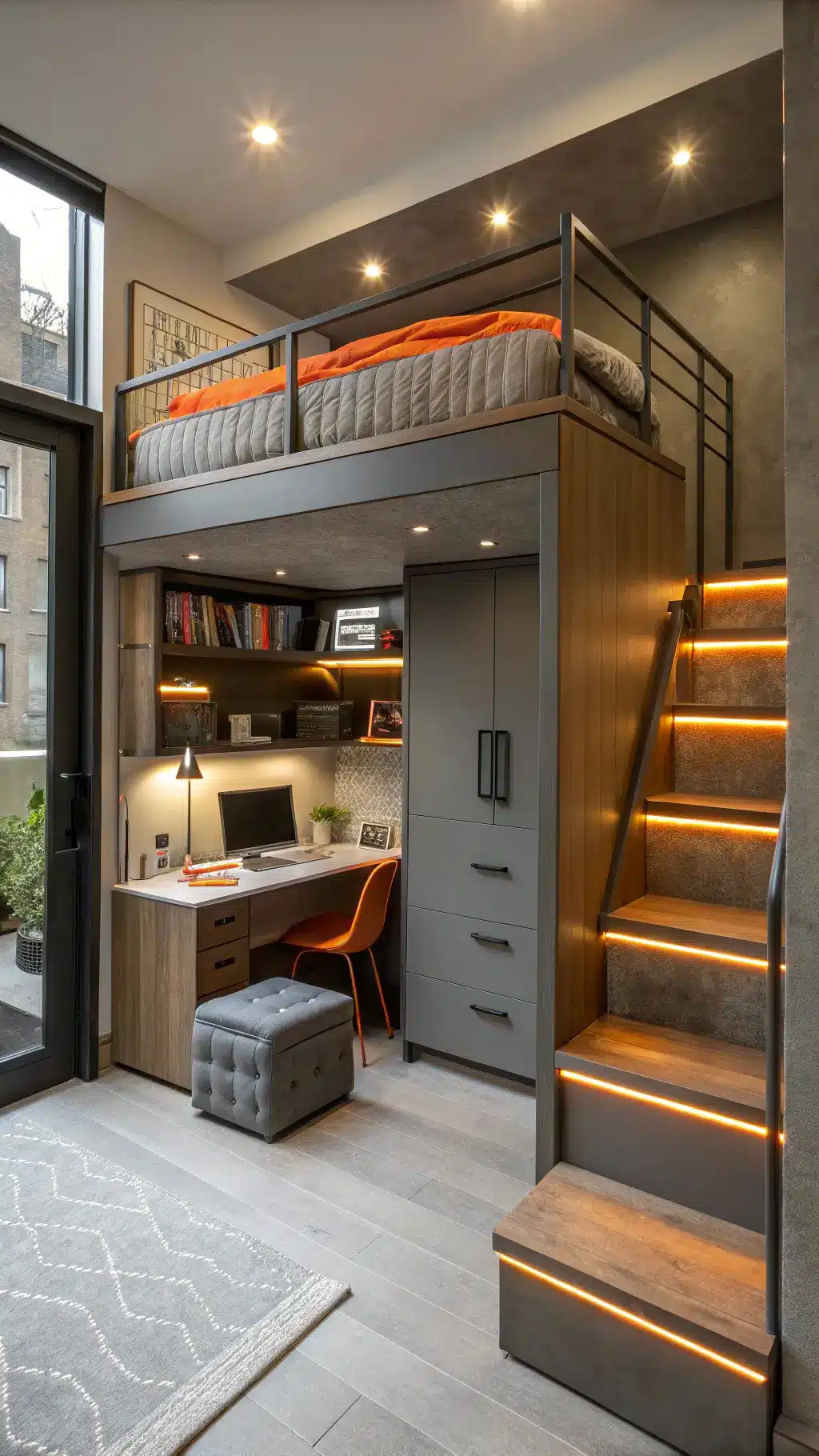 Modern 10x12ft urban pod with custom walnut loft bed, multi-functional space, LED lighting, and smart home features in sleek grey and orange color scheme.