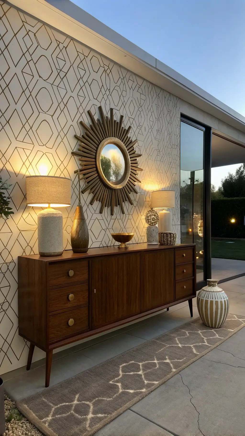 Mid-century modern entry scene at dusk with a low-slung walnut credenza with brass inlay detail, sunburst mirror in mixed metals, and sculptural ceramic vessels in earth tones, all set against geometric wallpaper and captured through a vintage lens.