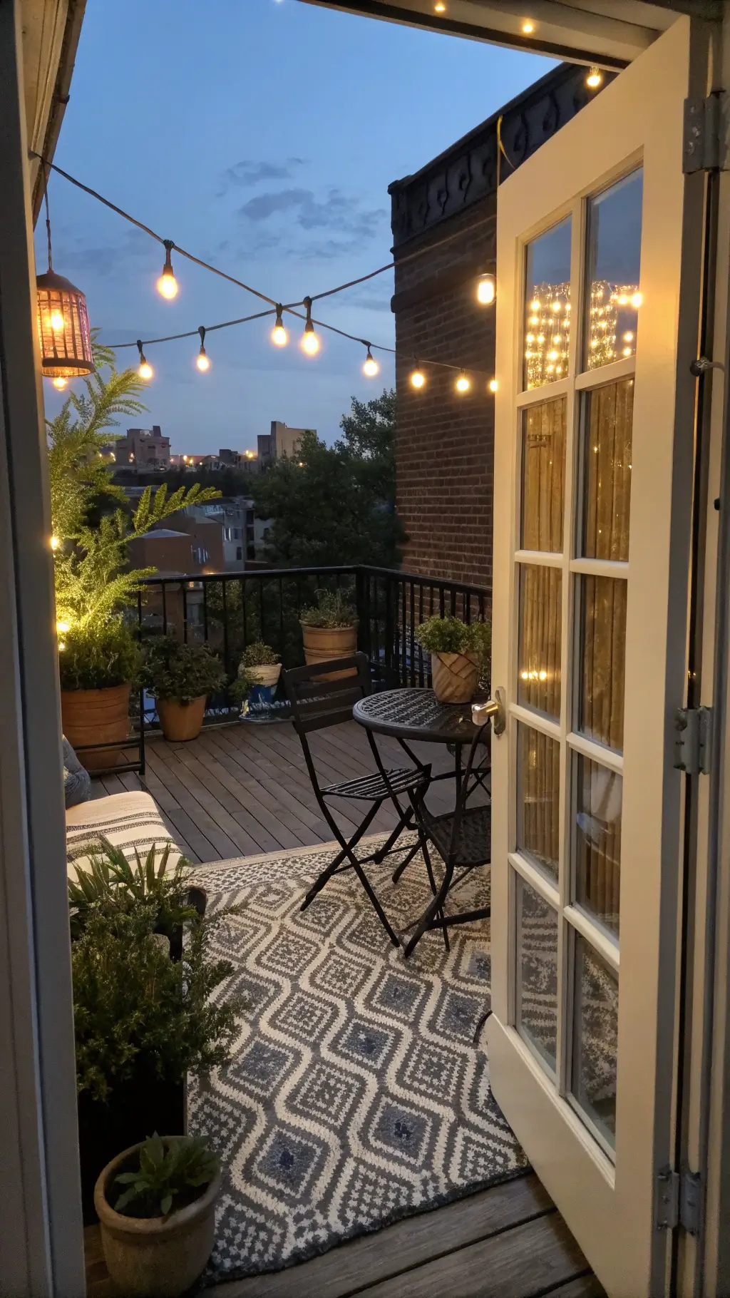 Twilight view of an urban balcony with black vintage bistro set, zigzag market lights, bamboo planters, Moroccan rug, and copper wind chimes, captured in a long exposure shot through French doors.