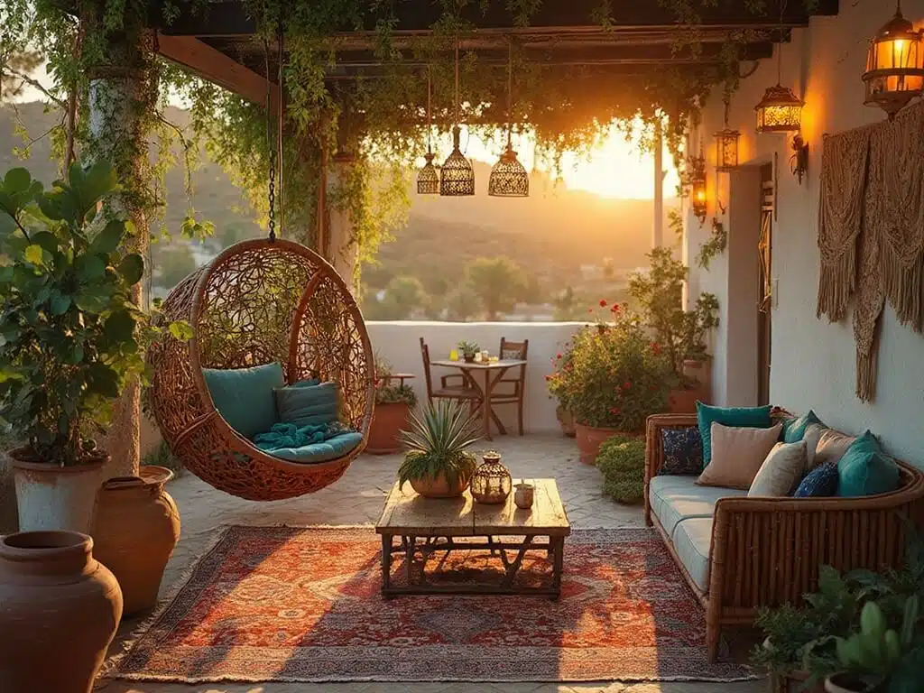 "Bohemian patio with Moroccan rugs, rattan furniture, macramé décor, and golden hour lighting on a pergola terrace"