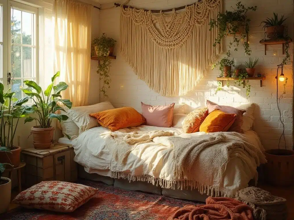 Bohemian styled dorm room with lofted bed, macramé wall hanging, hanging plants, Persian-inspired rug, and warm lighting.