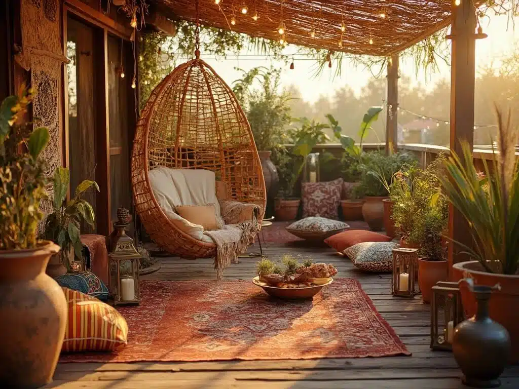 "Bohemian styled patio with layered Moroccan rugs, hanging rattan chair, macramé décor, string lights, and potted plants at sunset"