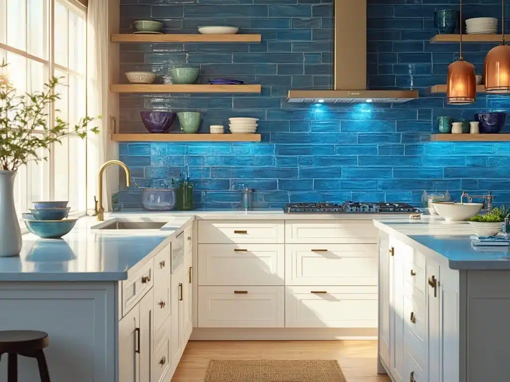 "Luxurious coastal kitchen with stunning blue glass subway tile backsplash, Carrara marble island, white shaker cabinets with brass hardware, and natural oak flooring"