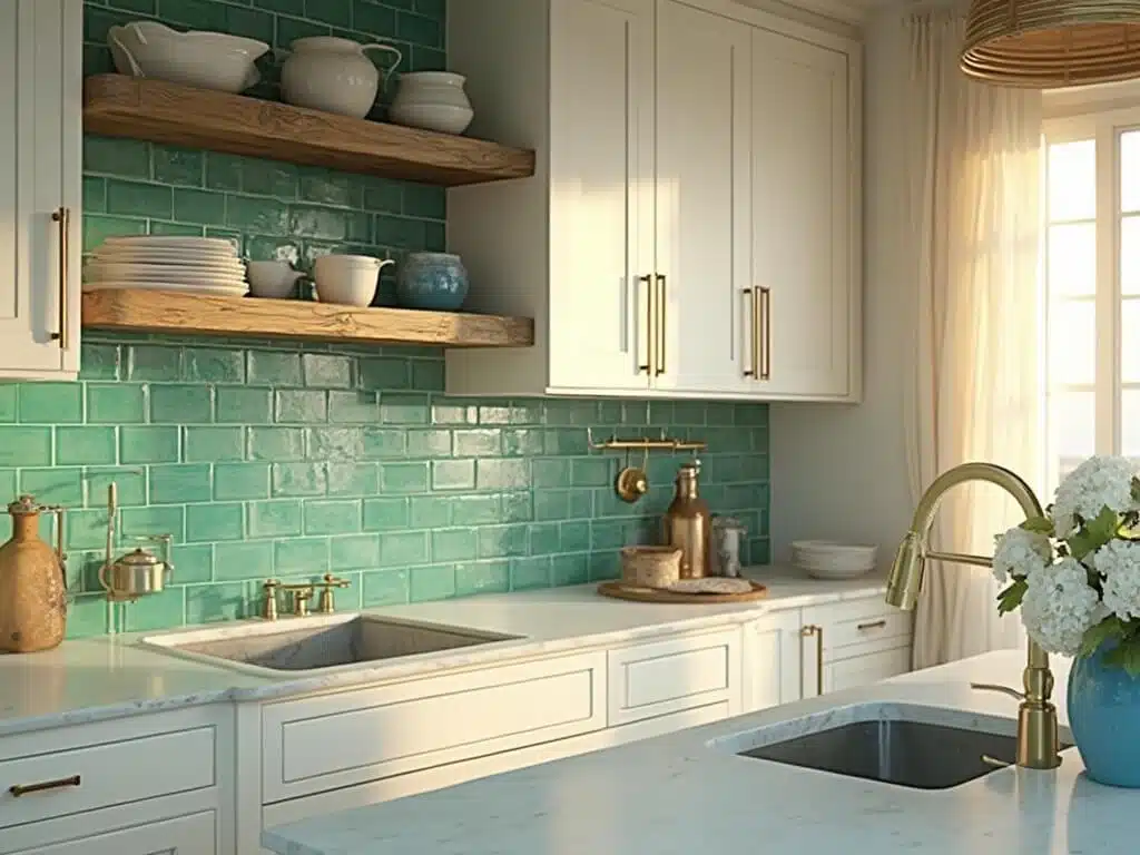 "Luxurious coastal kitchen with seafoam green glass subway tile backsplash under golden hour sunlight, white cabinets, marble countertops, driftwood open shelving, and natural rope pendant lights"