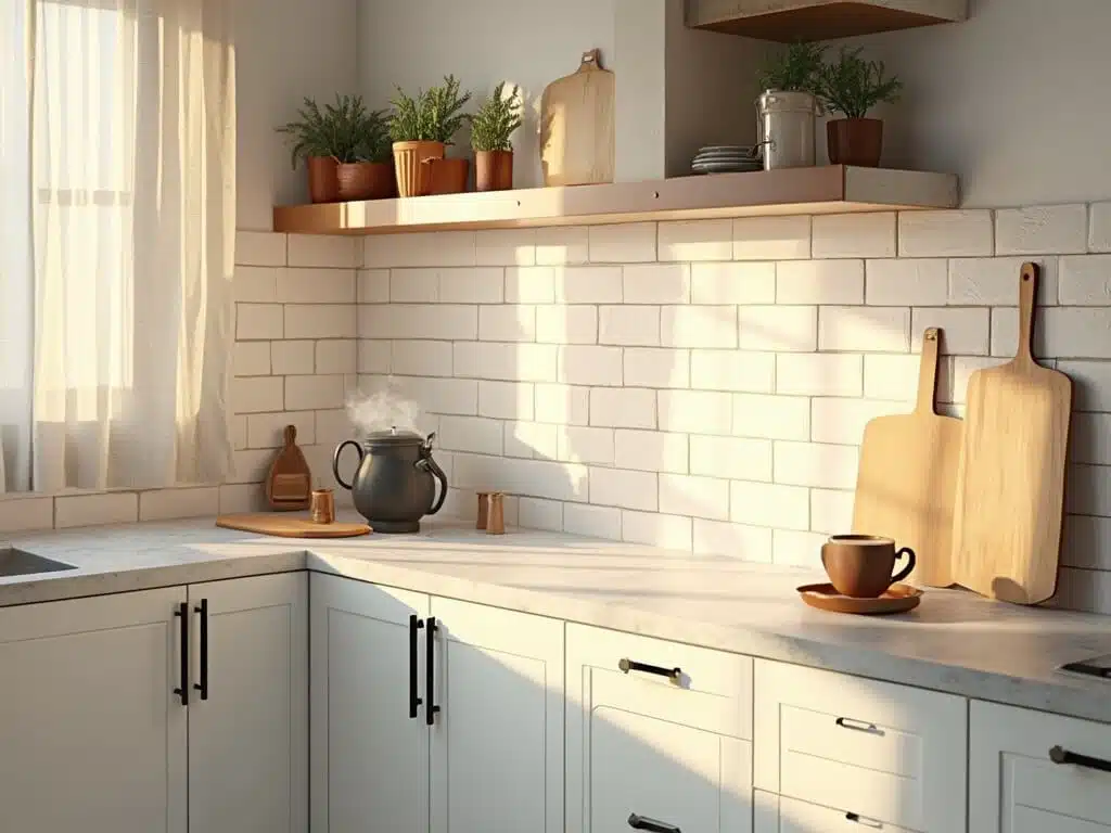 "Contemporary white kitchen with ceramic tile backsplash, natural light streaming through curtains, contrasting black hardware, marble island countertop, and minimalist décor."