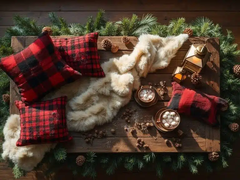 "Overhead view of a rustic holiday setup with pine garland, buffalo check throw pillows, faux fur blanket, vintage lanterns and cozy cabin decorations on a wooden coffee table."