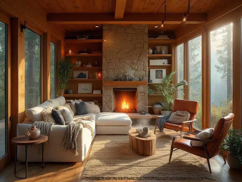 "Cozy rustic cabin interior with wooden beams, stone fireplace, plush sofa, vintage armchair, amber pendant lights, and misty forest views during golden hour"