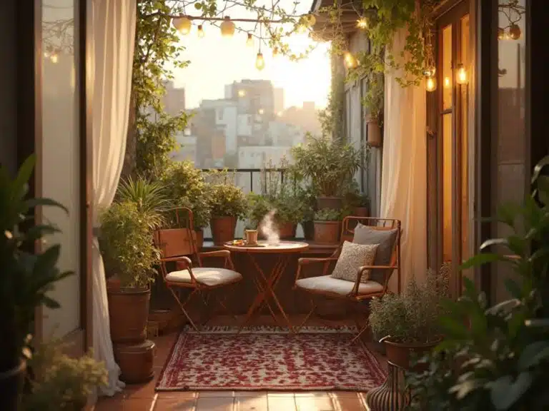 "Cozy urban balcony with bistro furniture, string lights, potted plants and cityscape view during golden hour"