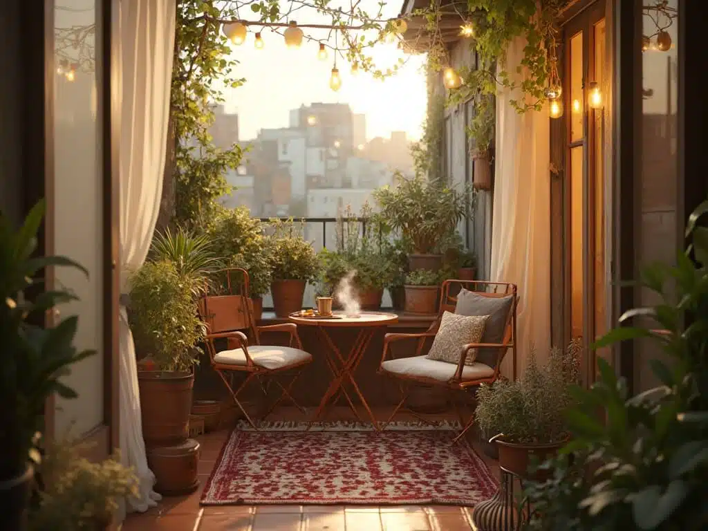 "Cozy urban balcony with bistro furniture, string lights, potted plants and cityscape view during golden hour"