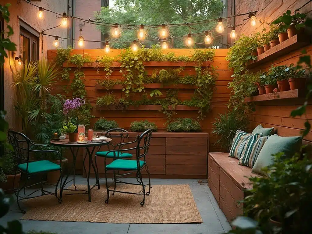 "Transformed small urban patio with bistro furniture, string lights, vertical gardens, and cozy decor during golden hour"