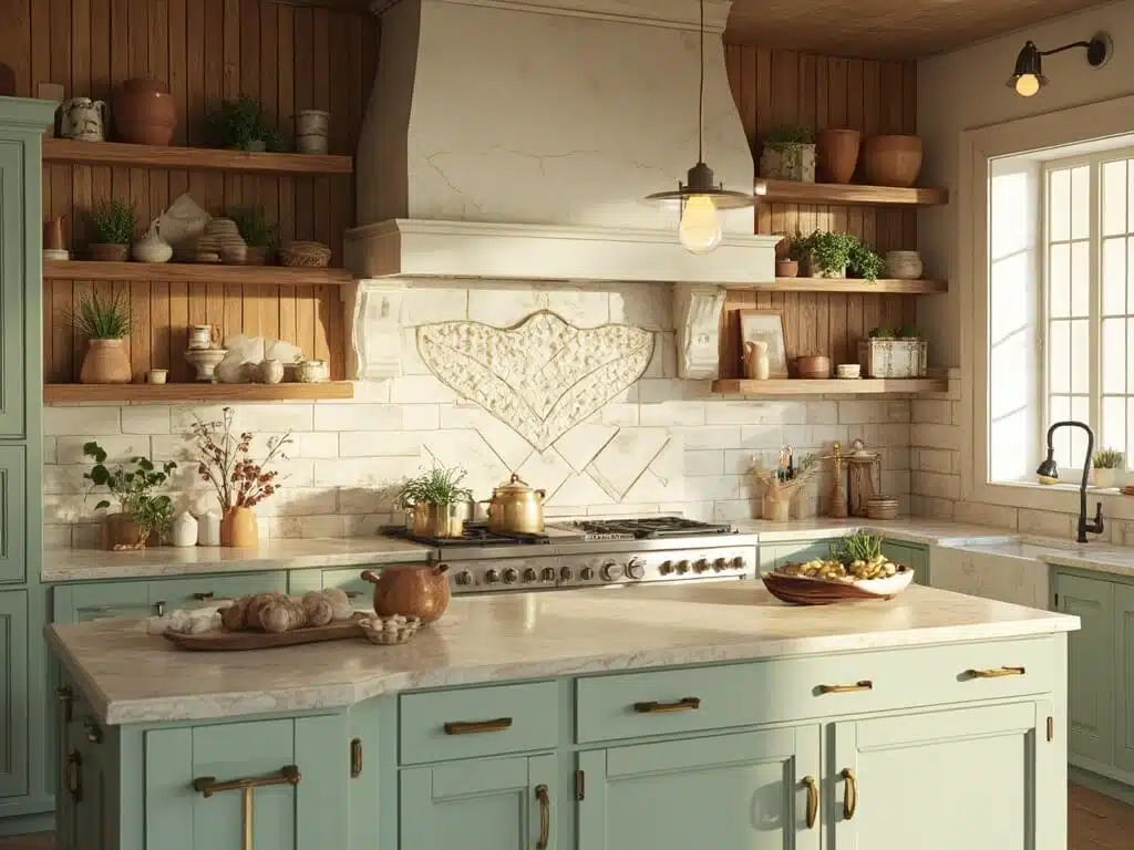 "Dreamy farmhouse kitchen with white subway tile, whitewashed brick, limestone, herringbone marble, and shiplap backsplash, sage green cabinets, brass hardware, marble countertops, vintage pottery on floating shelves, natural sunlight and warm ambient lighting."