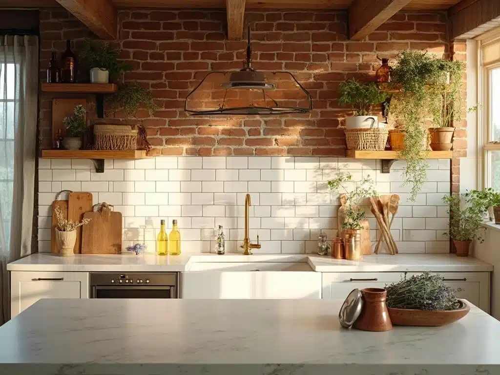 "Modern farmhouse kitchen with white subway tile backsplash, weathered red brick accent wall, natural oak shelves with vintage and copper accents, sunlit Carrara marble countertops, and rustic wooden beams"
