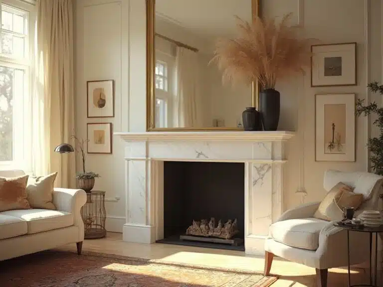 "Elegant white marble fireplace with brass-framed mirror, black vases with pampas grass, cream sofa and Persian rug in sunlit living room"