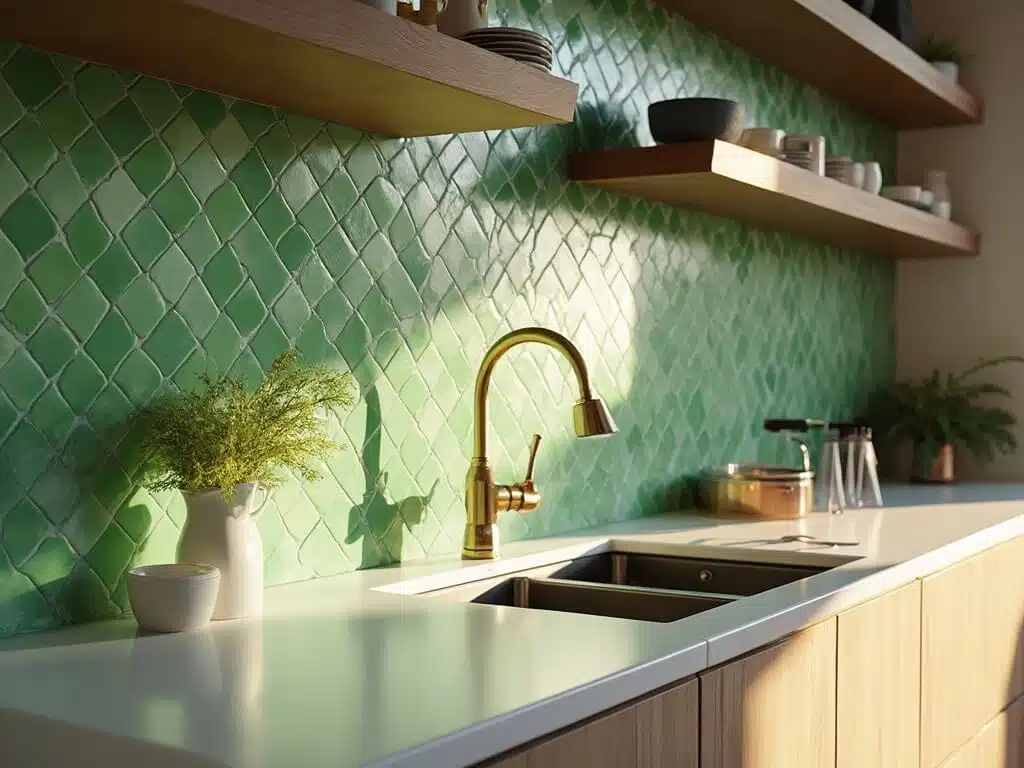 "Contemporary kitchen with gradient green backsplash tiles, brass fixtures, floating wooden shelves, white quartz countertops, and vintage appliances bathed in golden hour light."