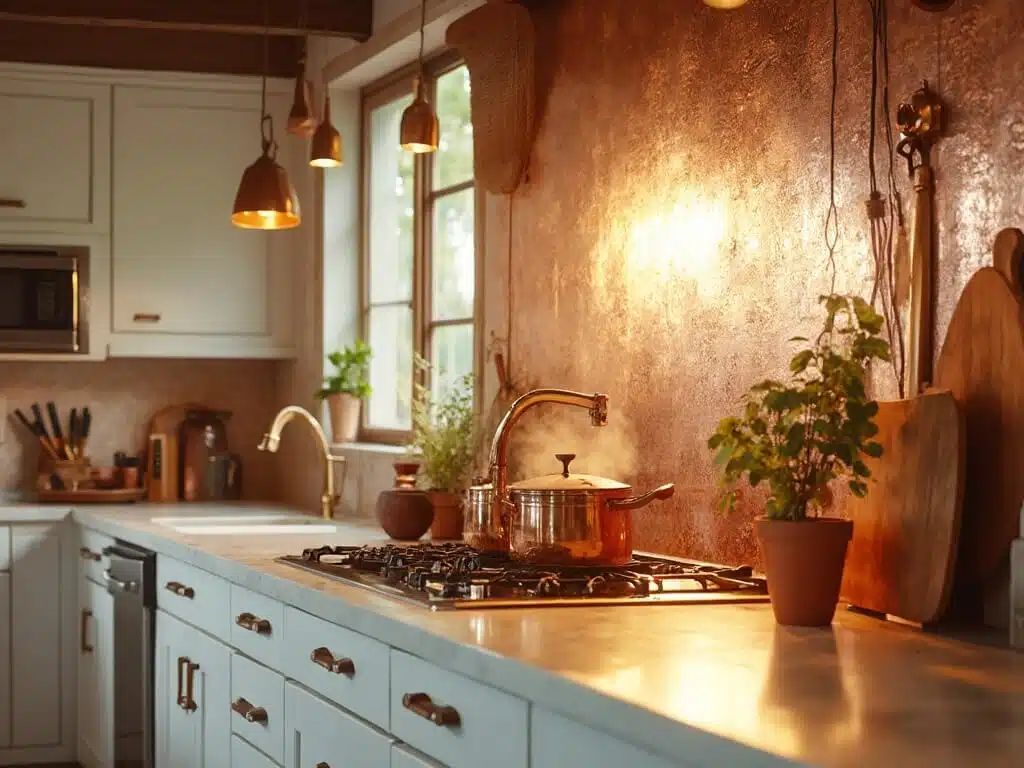 "Stunning kitchen interior with hammered copper backsplash illuminated by golden hour sunlight, marble countertops with copper cookware, and white cabinets framed by natural wooden elements"
