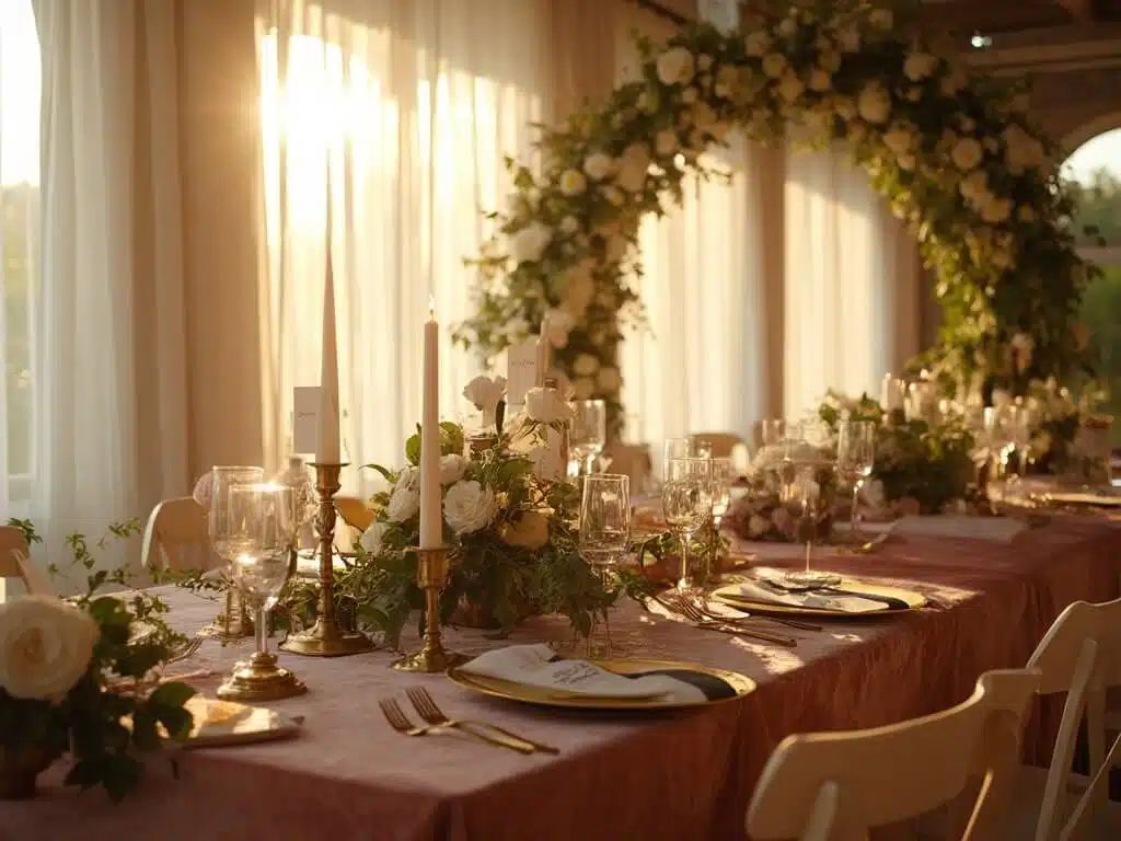 "Intimate wedding reception with sweetheart table, vintage candlesticks, hand-lettered place cards, velvet table runners, champagne flutes and floral arch bathed in golden hour sunlight"