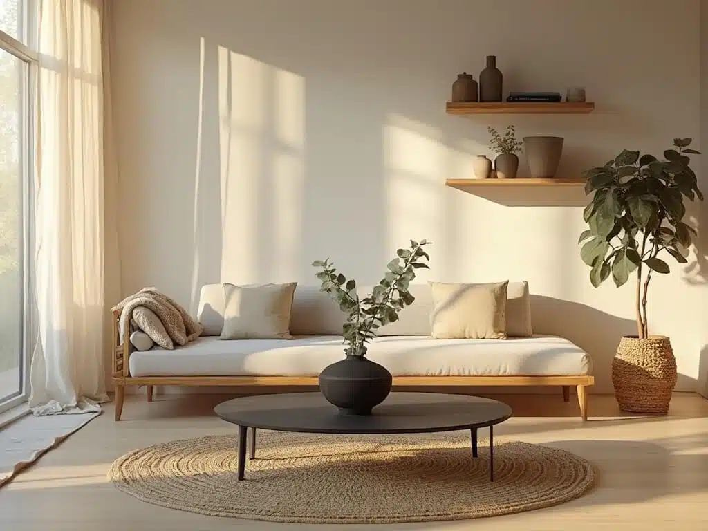 "Japandi minimalist living room with natural oak furniture, linen textiles and ceramic vases, bathed in golden hour light"