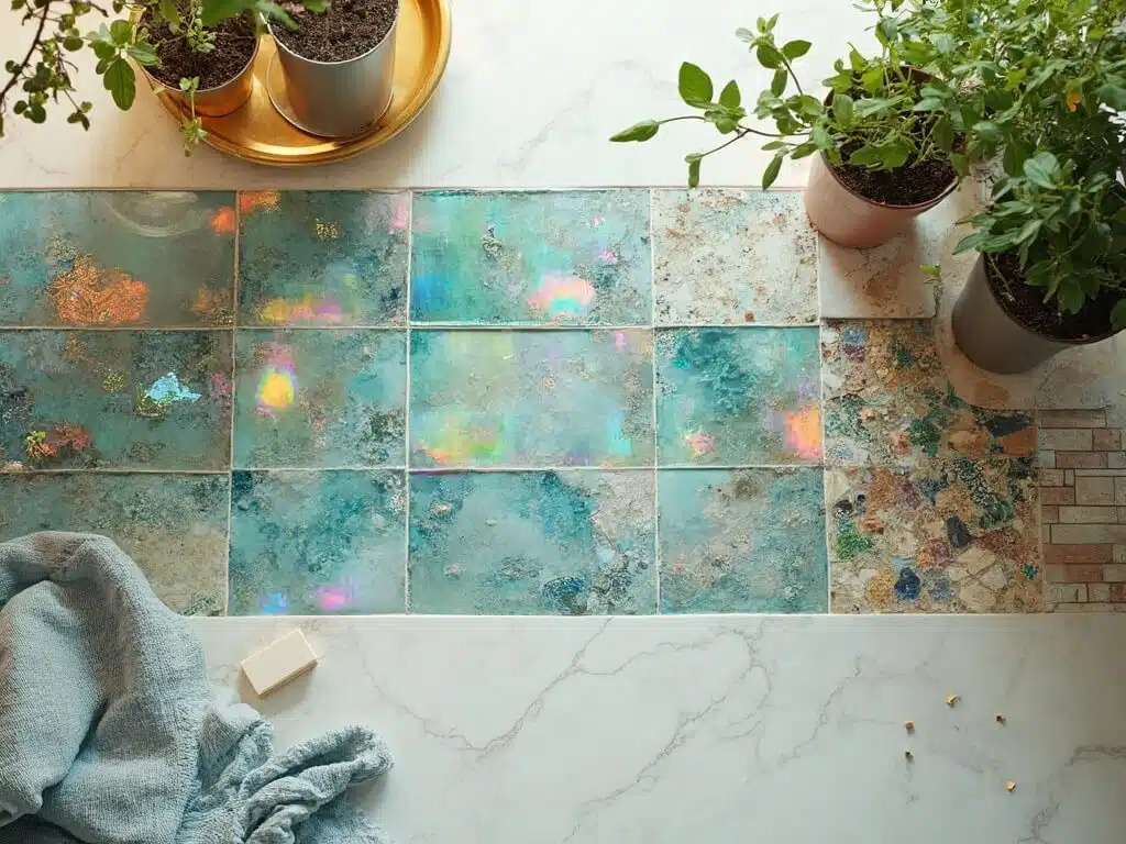 "Overhead view of various kitchen backsplash materials including coastal glass tiles, ceramic, stone, metallics on a clean white marble surface, accented with fresh potted herbs and styling accessories."
