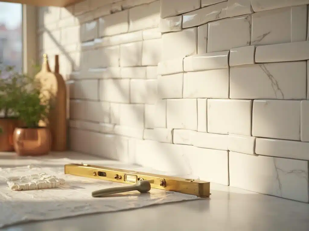 "Luxurious kitchen backsplash installation in progress with glossy white subway tiles, marble countertops, brass hardware, and copper accessories on clean background"
