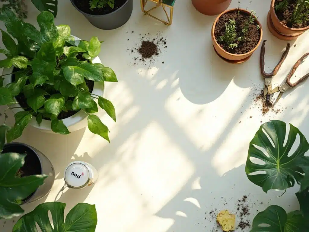"Overhead view of lush indoor garden with pothos, snake plants and monstera on white marble, with gardening tools and optimal moisture meter reading, bathed in golden hour sunlight."