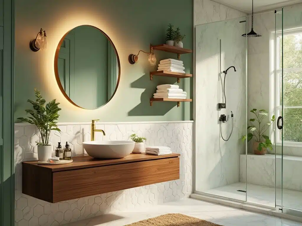 "Luxurious small bathroom with walnut vanity, brass fixtures, marble backsplash, and morning light"