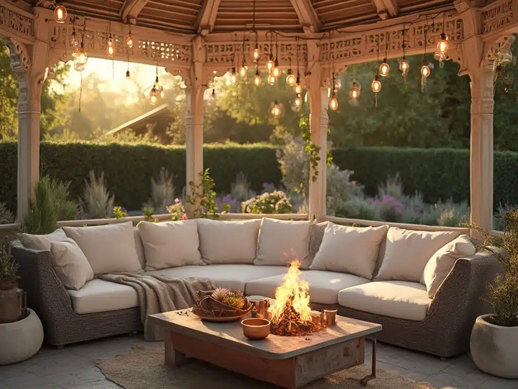 "Luxury backyard with white gazebo, outdoor sectional, fire pit, and string lights during sunset"