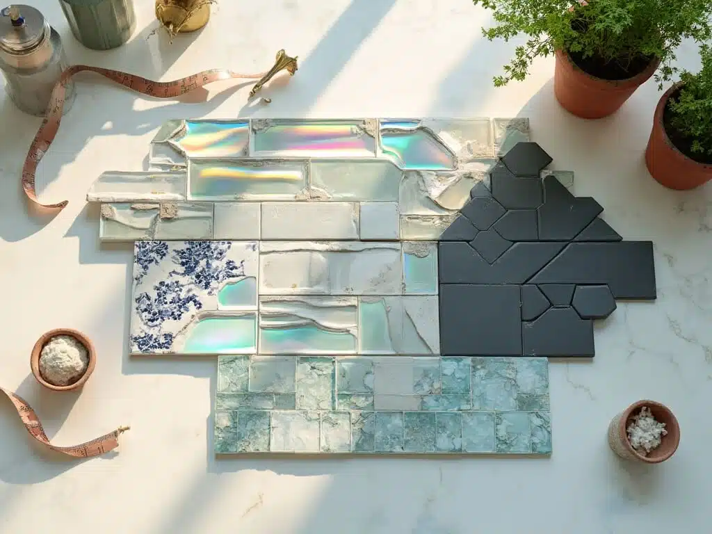 "Elegant kitchen backsplash display with glass subway tiles, hand-painted ceramic pieces, matte black tiles, and seafoam glass mosaics on clean white marble surface"