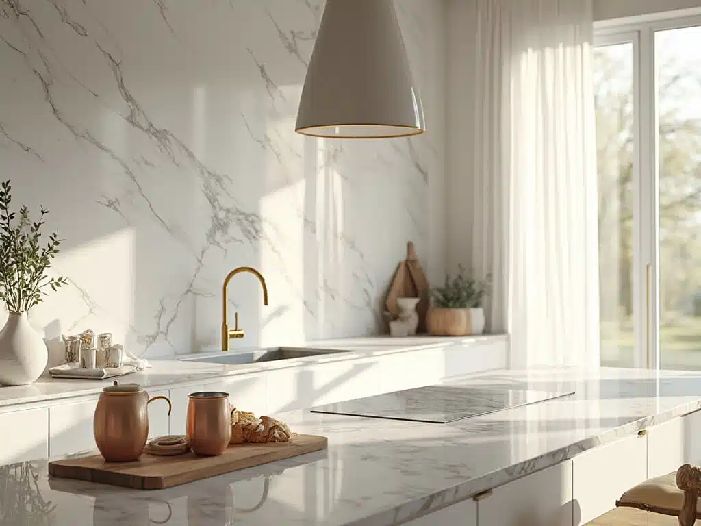 "Luxurious kitchen with Calacatta marble backsplash, brass fixtures, white shaker cabinets, waterfall edge marble island, and morning light highlighting copper mugs and a breakfast spread on a wood cutting board."